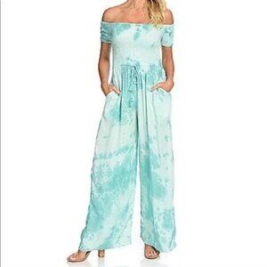 Band of Gypsies blue tie dye off the shoulder wide leg jumpsuit size XL